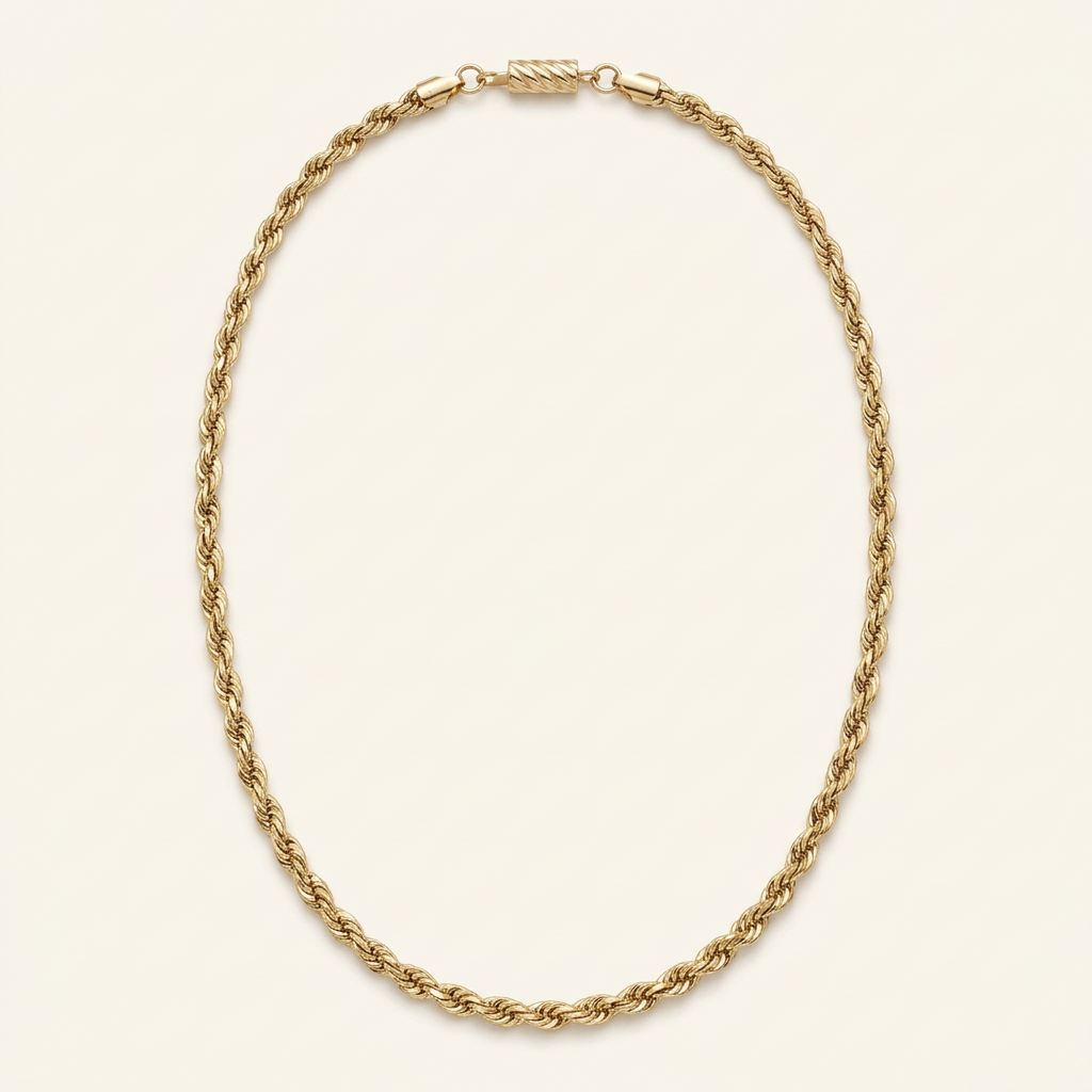 14K yellow gold 2.6mm rope chain necklace in an elongated oval presentation