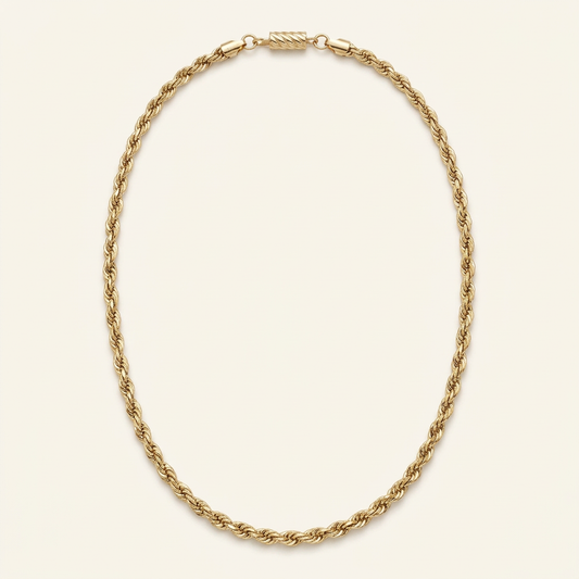 14K yellow gold 2.6mm rope chain necklace in an elongated oval presentation