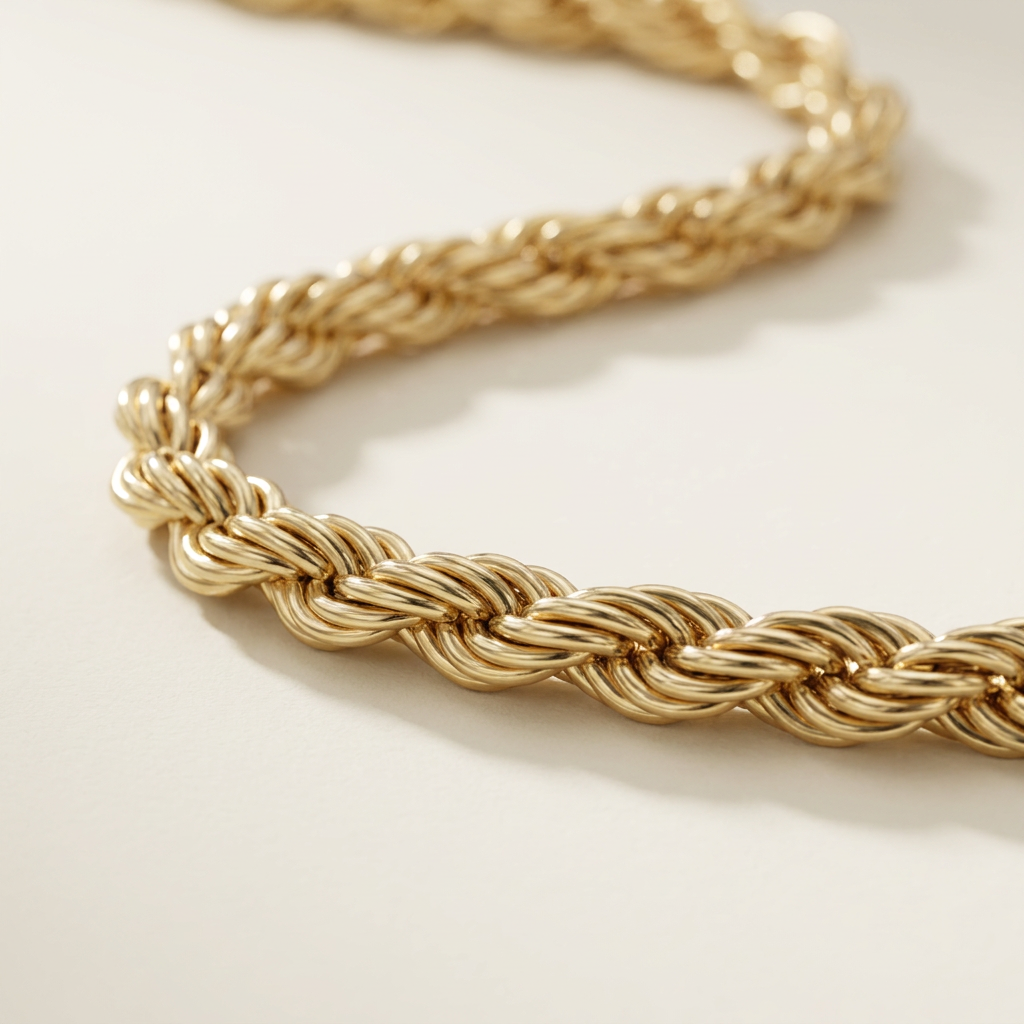 Close-up of the interwoven rope links on a 14K yellow gold chain