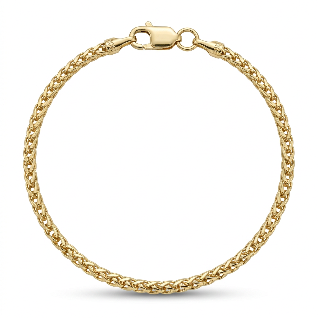 10K yellow gold Franco link bracelet with lobster clasp, full studio view