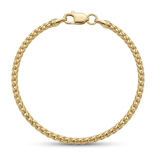 10K yellow gold Franco link bracelet with lobster clasp, full studio view