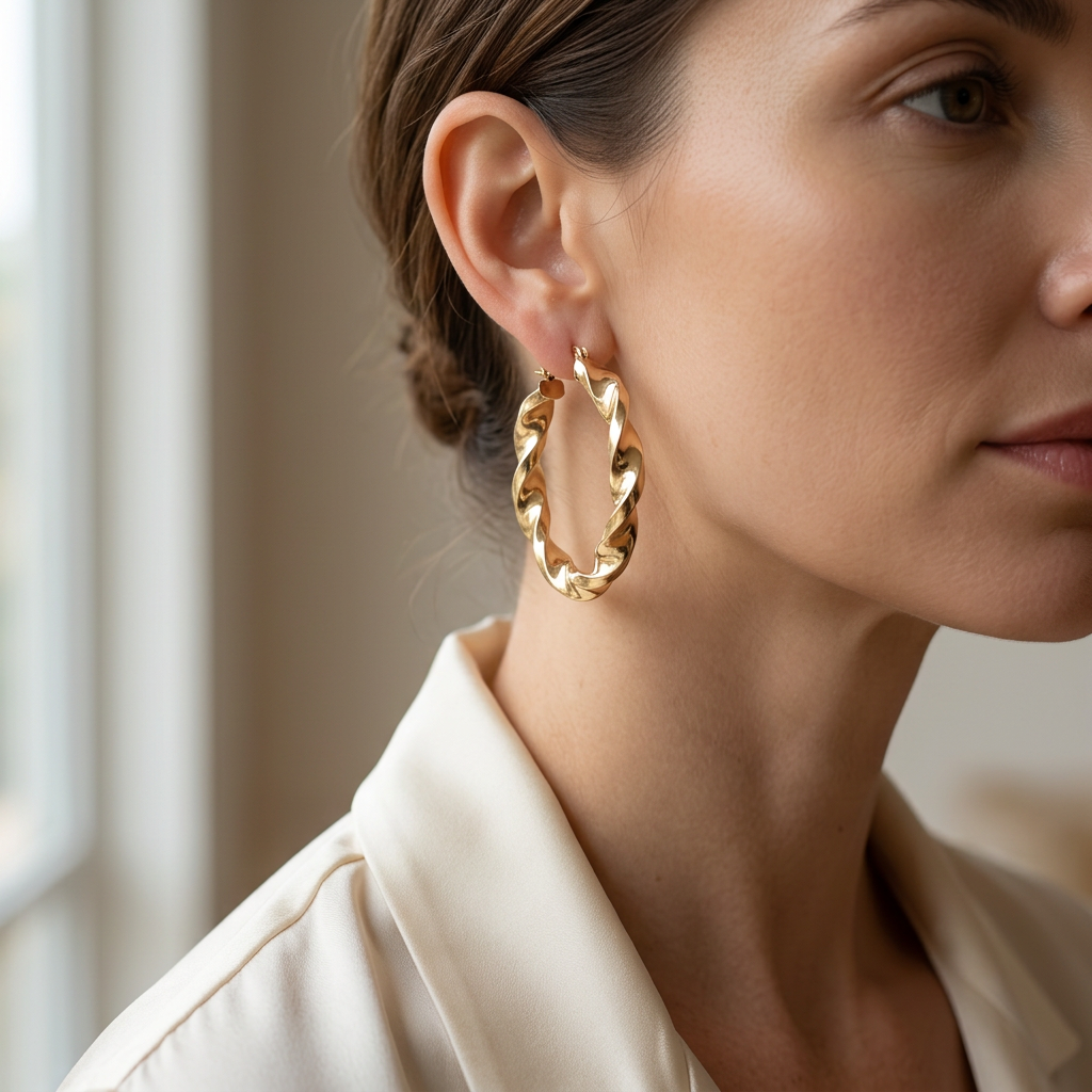 Lifestyle view of a model wearing a 1.5-inch yellow gold twisted hoop earring