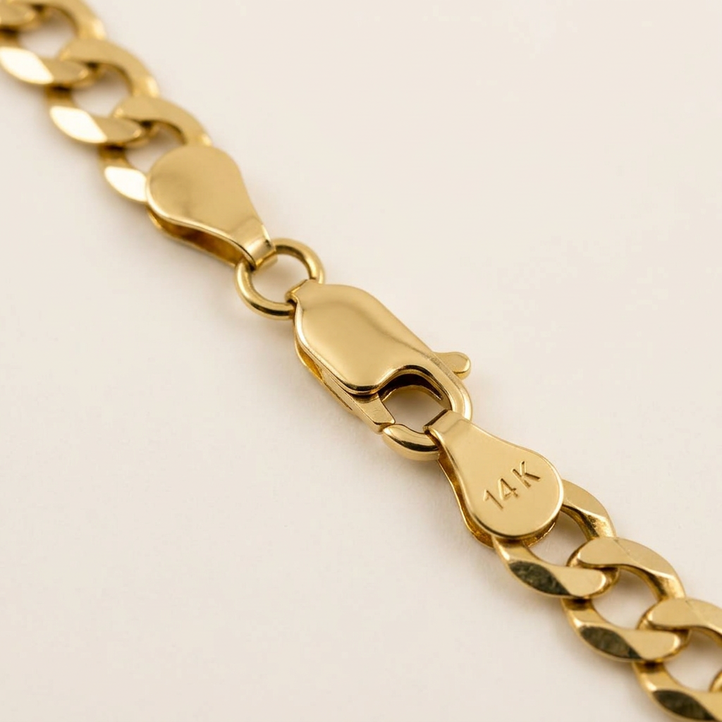 Lobster clasp and 14K marking on yellow gold curb chain