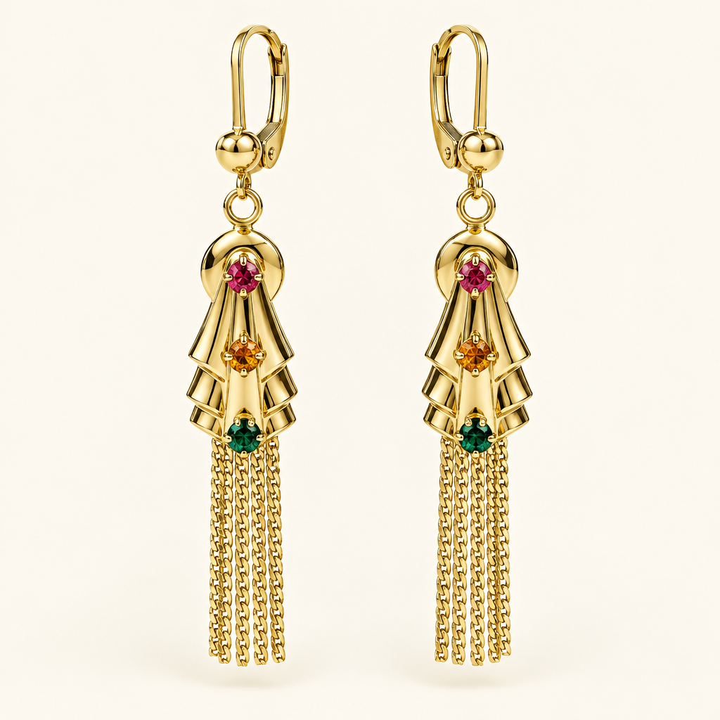 Pair of 14K yellow gold chandelier tassel earrings, front view