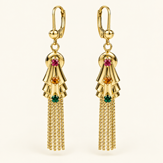 Pair of 14K yellow gold chandelier tassel earrings, front view