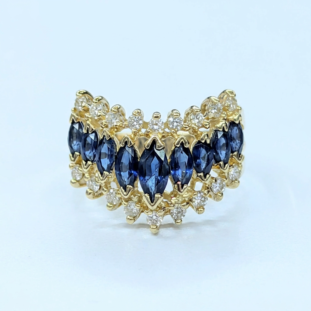 G389 14K yellow gold marquise sapphire and diamond ring, hero view