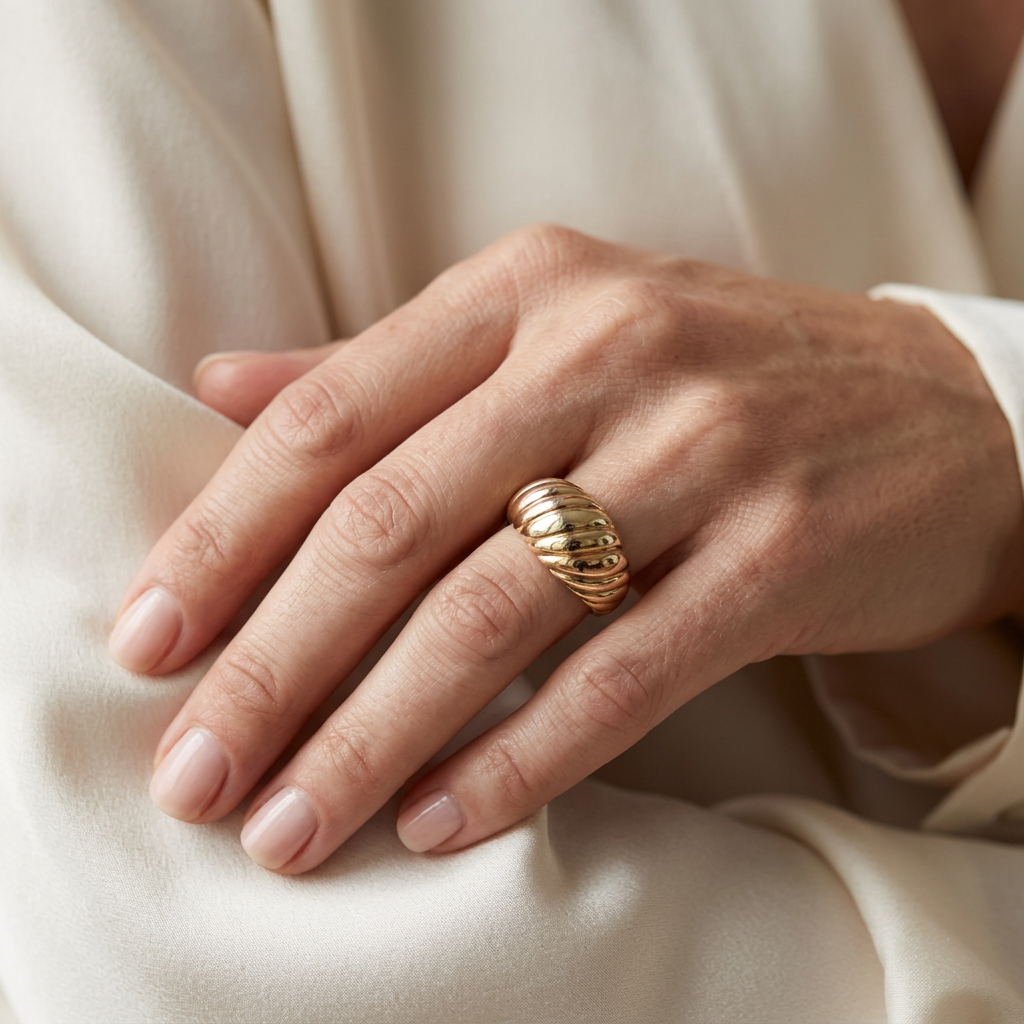 10K tricolor gold dome ring styled on a hand with cream clothing