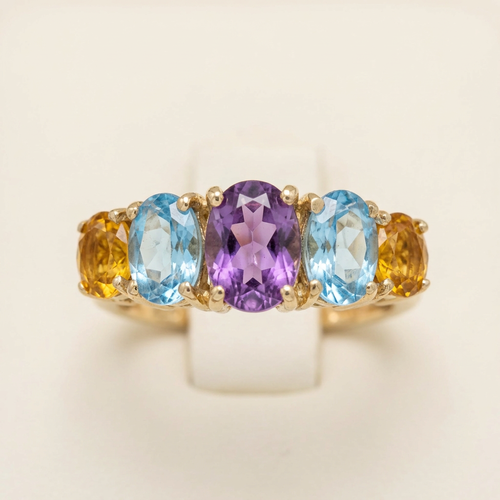 Close-up of five colorful oval stones on R273 yellow gold ring