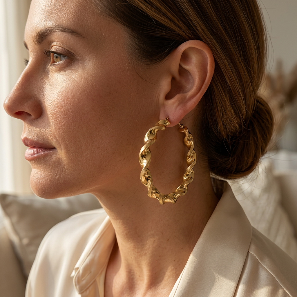Lifestyle view of 2.5-inch twisted yellow gold hoop earrings