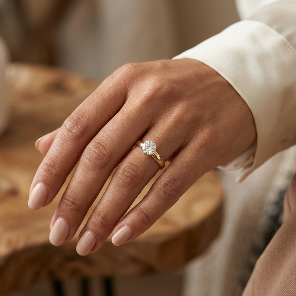 G111 yellow gold round CZ solitaire engagement ring worn on a hand