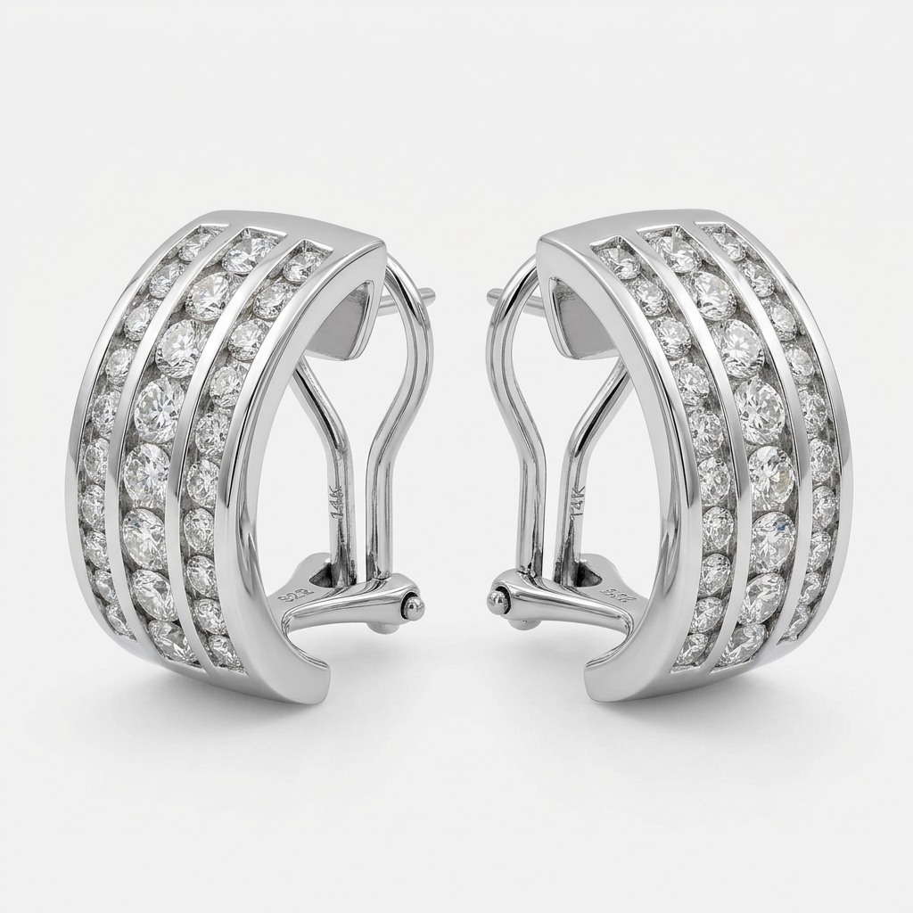 R2414 three-row diamond half-hoop earrings in 14K white gold, pair on white background