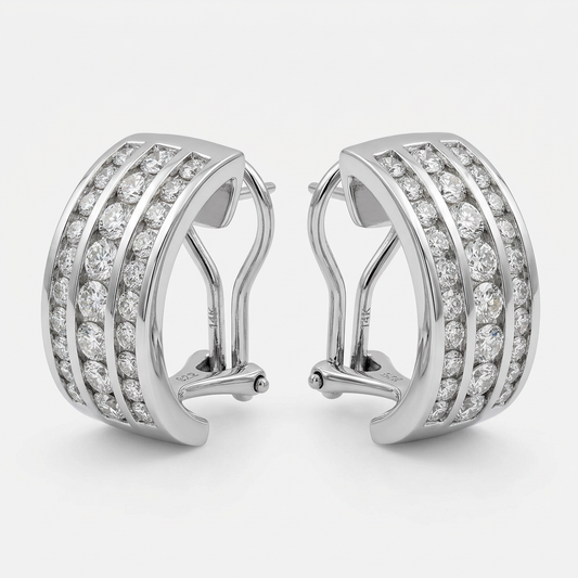 R2414 three-row diamond half-hoop earrings in 14K white gold, pair on white background