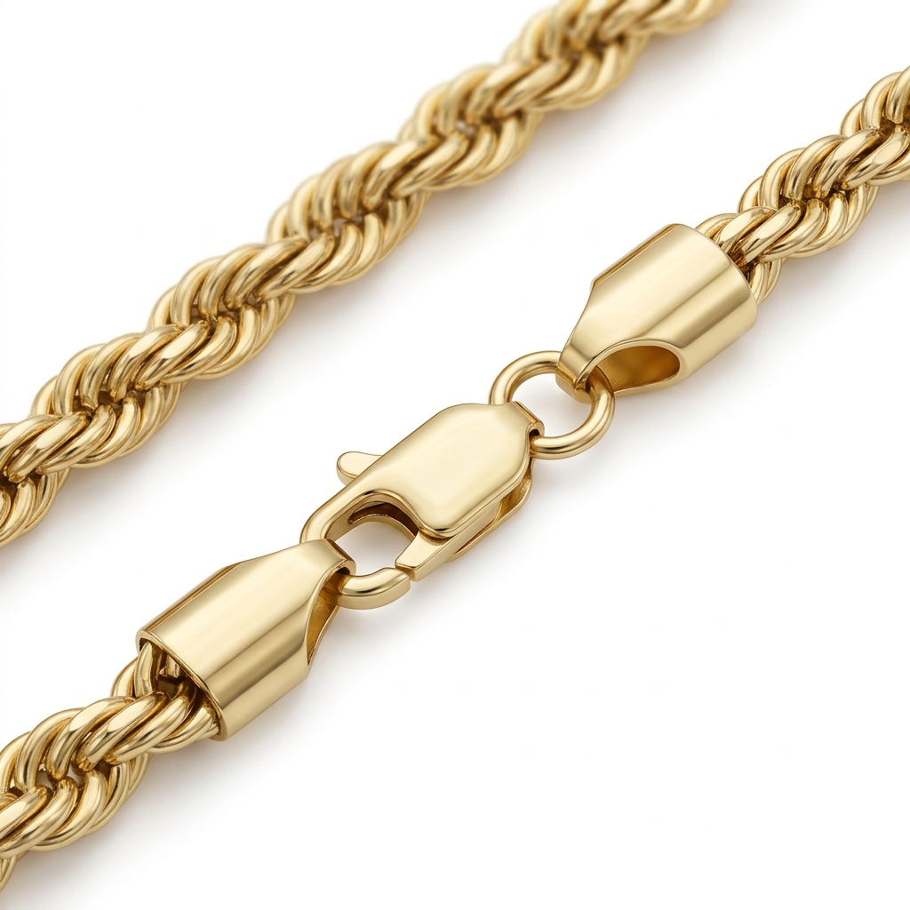Lobster clasp and end tabs of the 10K yellow gold rope chain