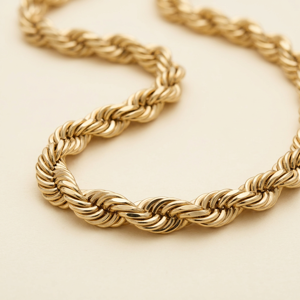 Close-up of the polished 9.5mm yellow gold rope links