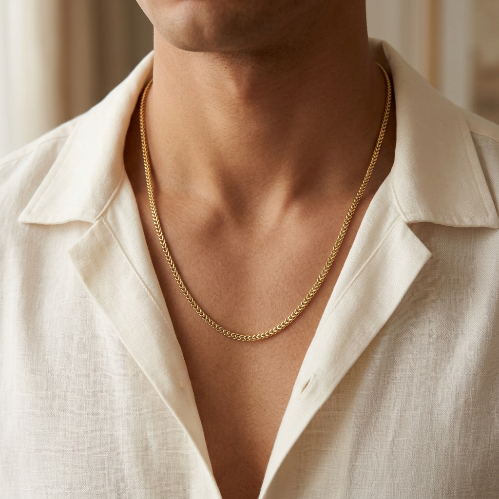 24-inch 2mm yellow gold Franco necklace worn with an ivory shirt