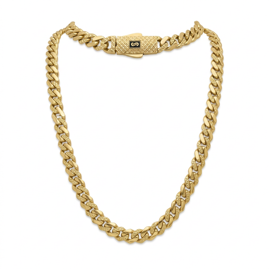 18K yellow gold diamond-cut Cuban link chain in a natural drape, 24 inches and 9.3mm wide