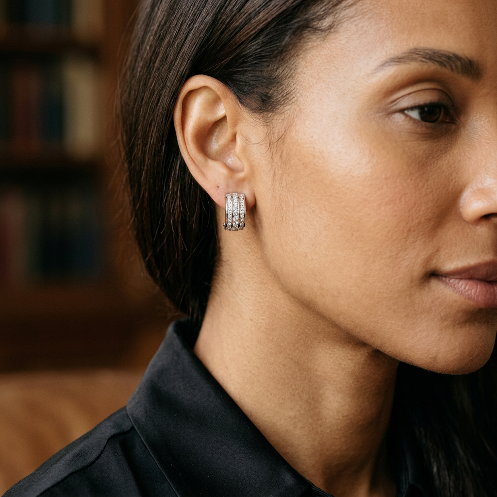 Lifestyle view of a woman wearing a R2414 three-row white gold diamond half-hoop earring