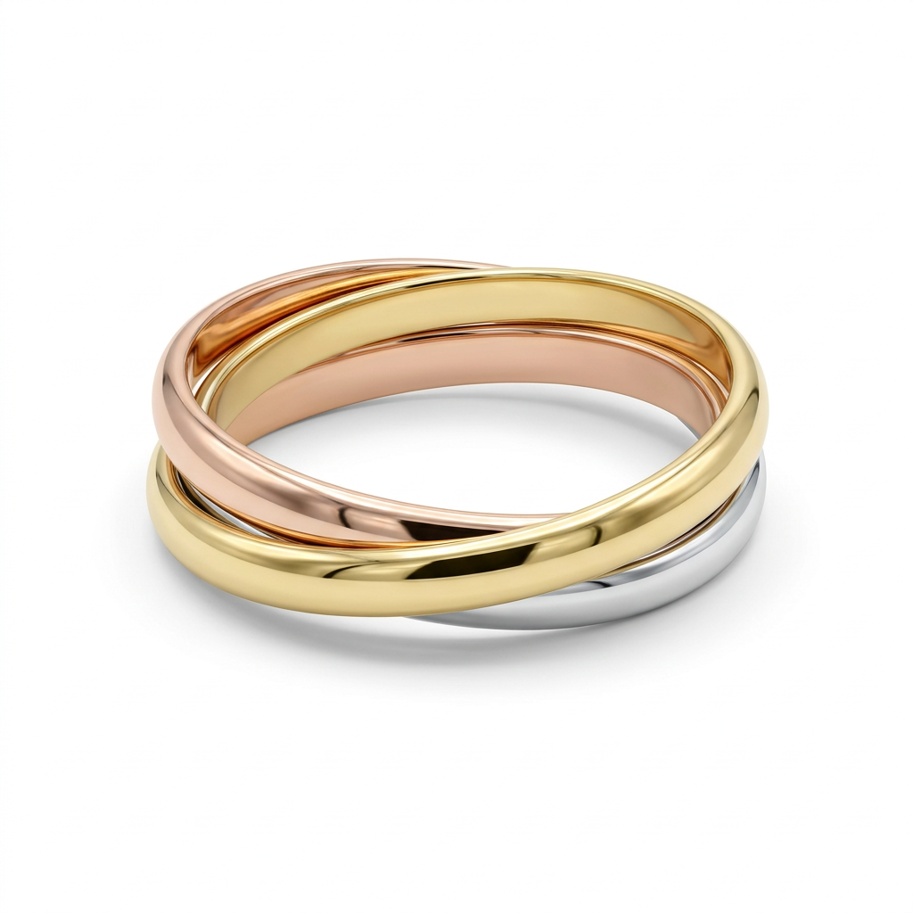 14K tri-color gold interlocking rolling ring, size 7, on a white background