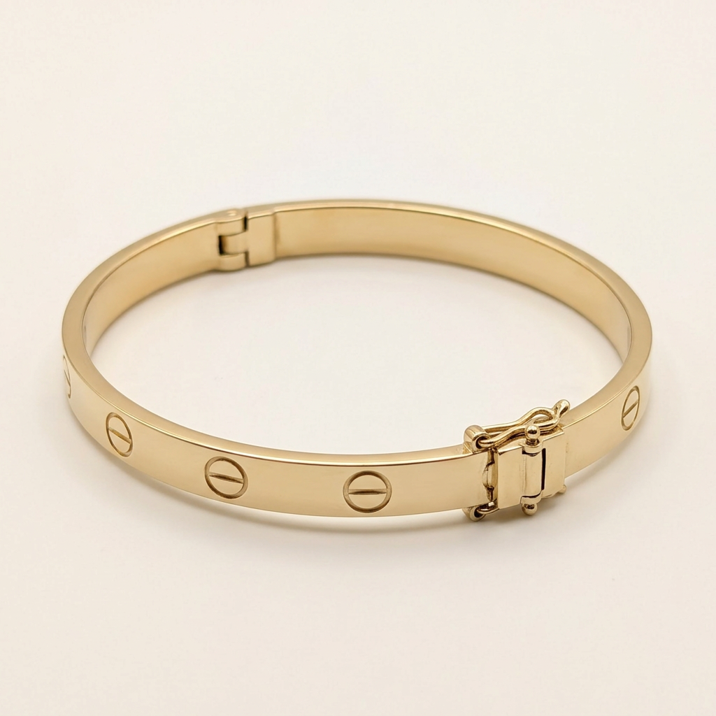 14K yellow gold screw-motif bangle, angled studio view
