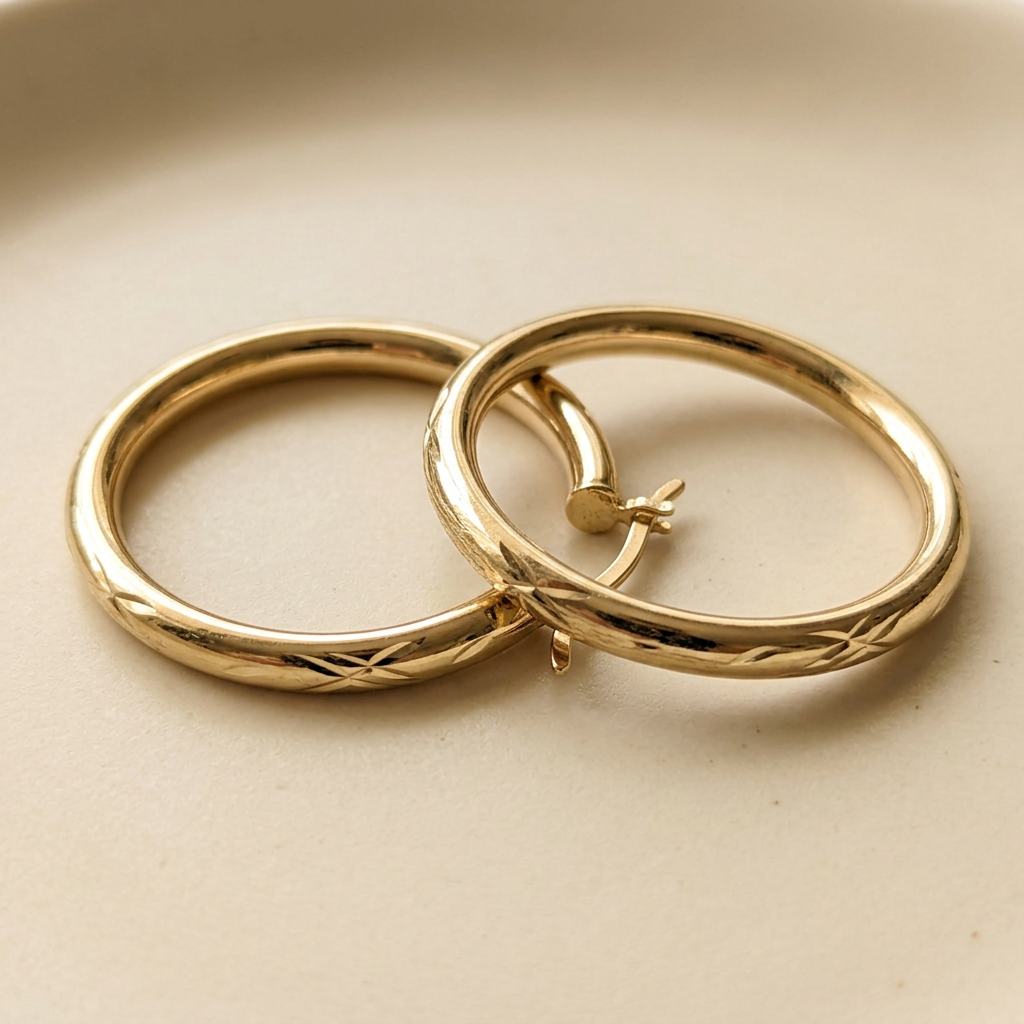 G280 yellow gold hoop earrings laid on an ivory surface