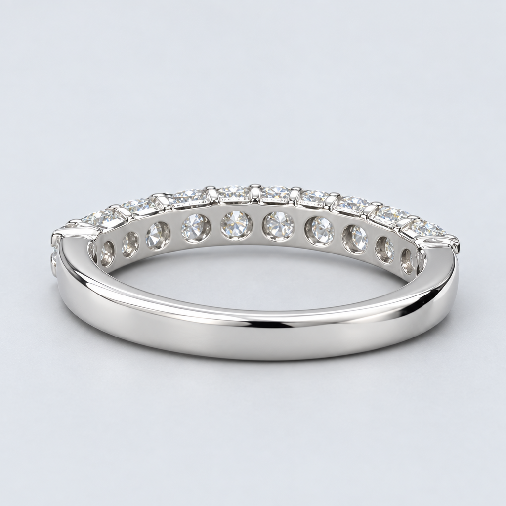 Rear gallery and polished shank of the 14K white gold diamond band