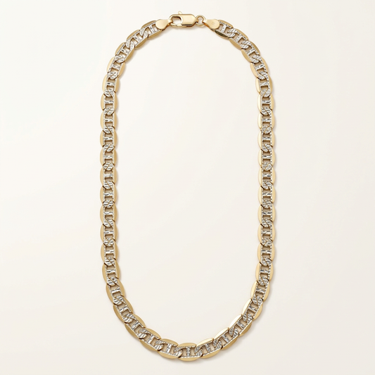 14K yellow gold diamond-cut mariner chain, 5mm wide and 22 inches long, full necklace view