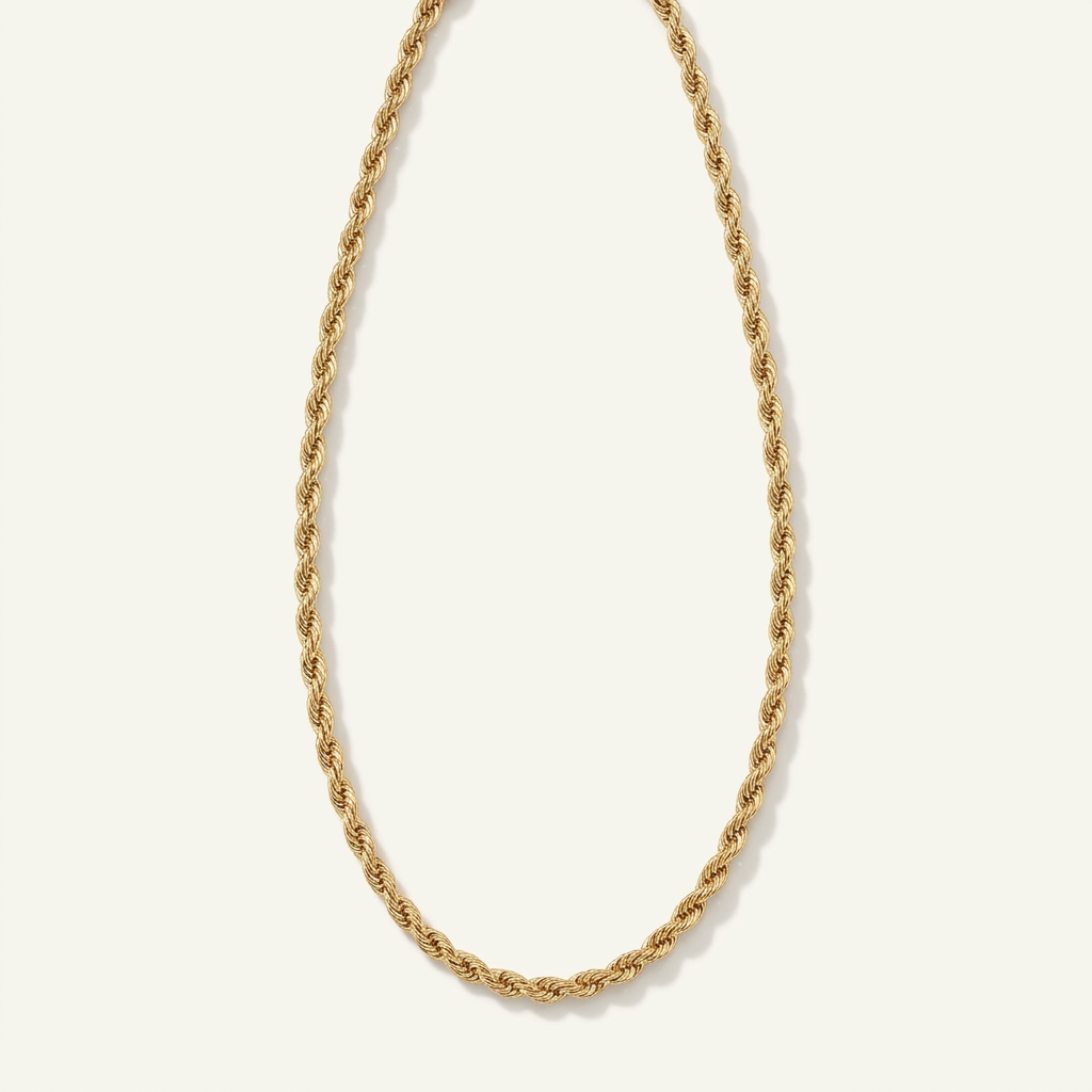 14K yellow gold rope chain necklace in an elongated oval on an ivory background