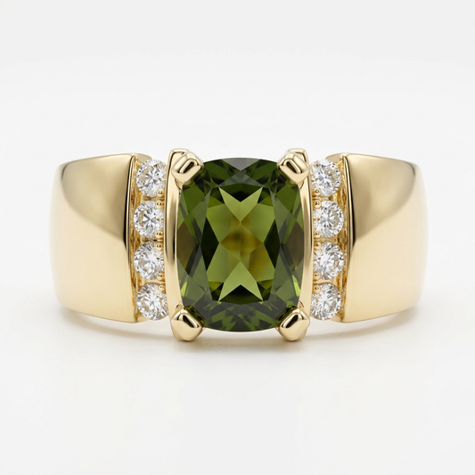 Front view of R1331 yellow gold peridot and diamond ring