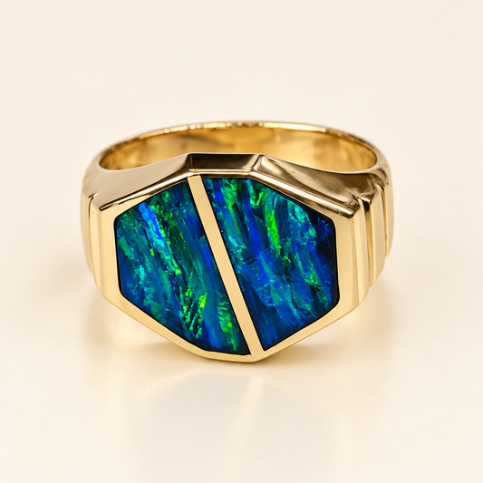 14K yellow gold blue-green opal inlay ring, front studio view