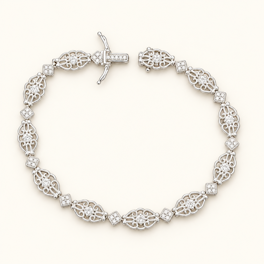 14K white gold diamond scroll-link bracelet on ivory background
