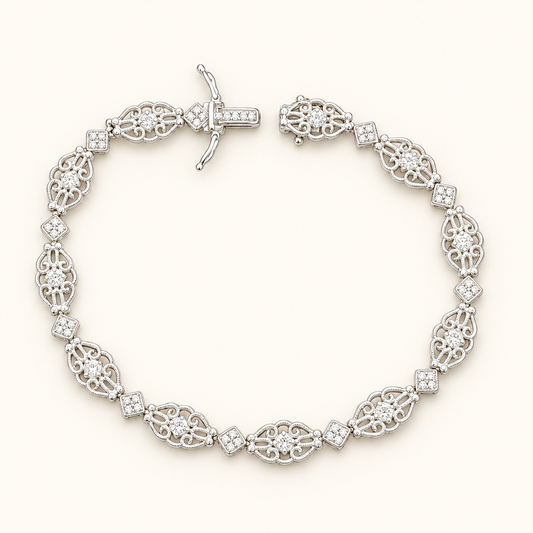 14K white gold diamond scroll-link bracelet on ivory background