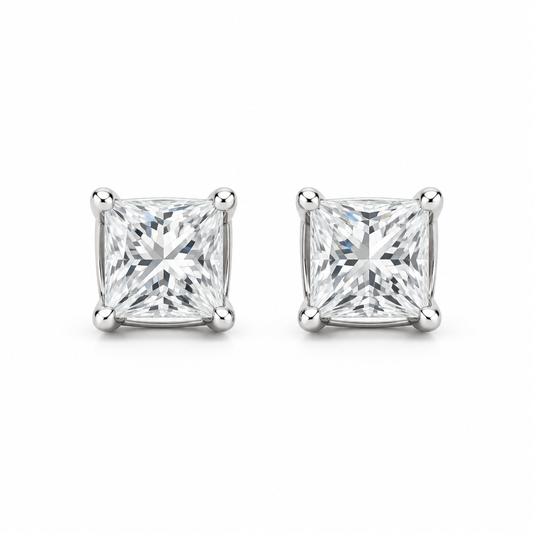 Pair of 14K white gold princess-cut natural diamond stud earrings, 0.8 TCW, front view
