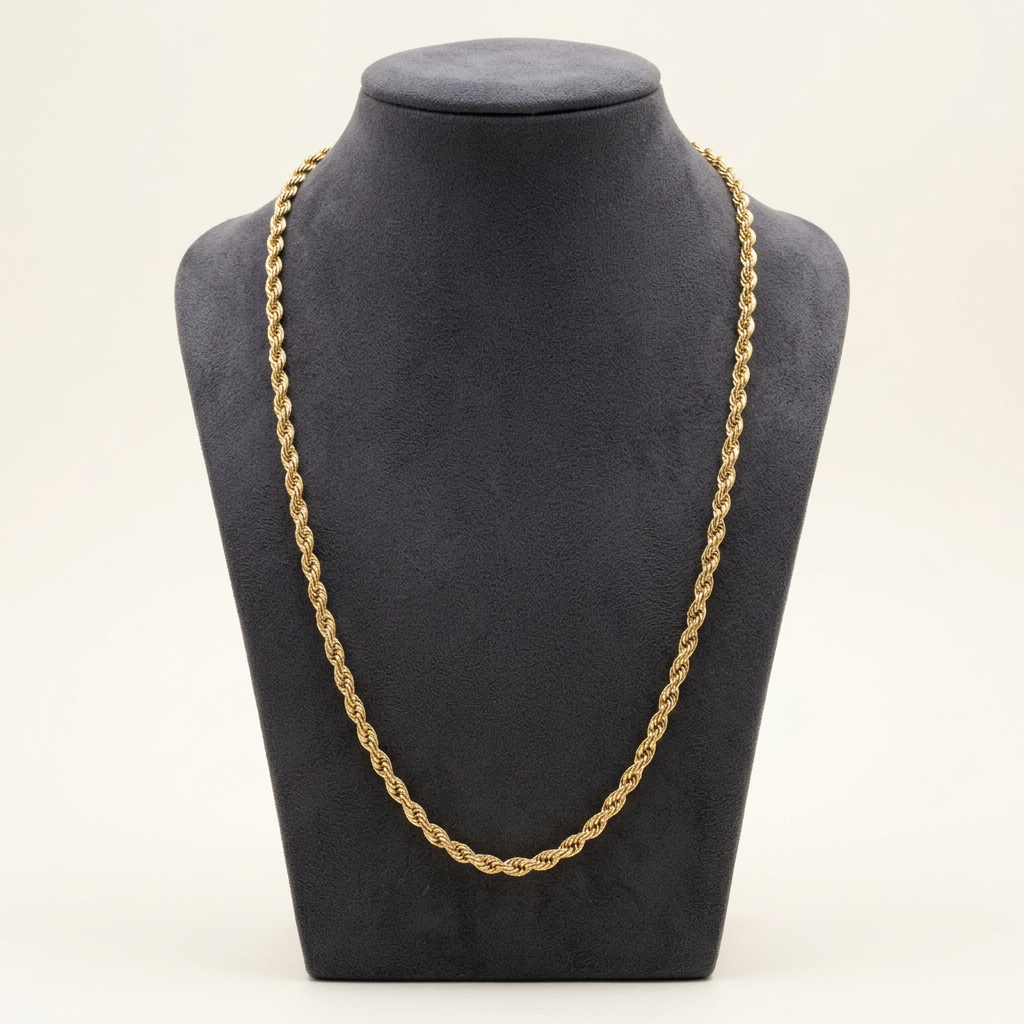 20-inch 3mm yellow gold rope chain necklace on a charcoal display bust