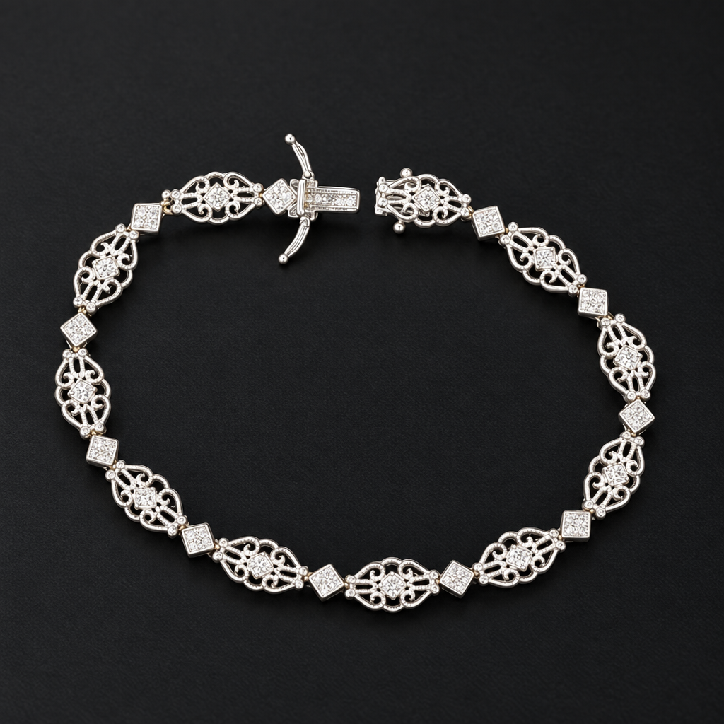 White gold diamond scroll-link bracelet with open clasp on charcoal background