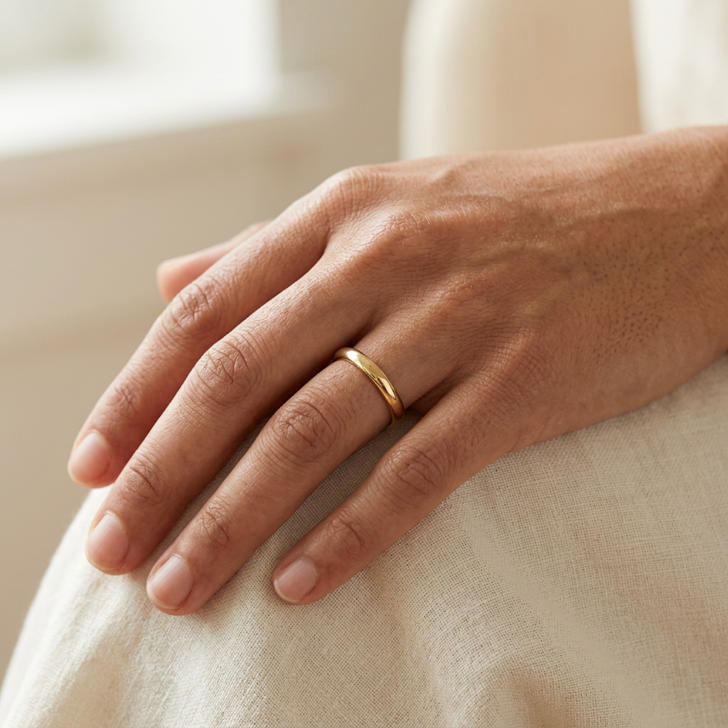 2.8mm yellow gold wedding band worn on a hand
