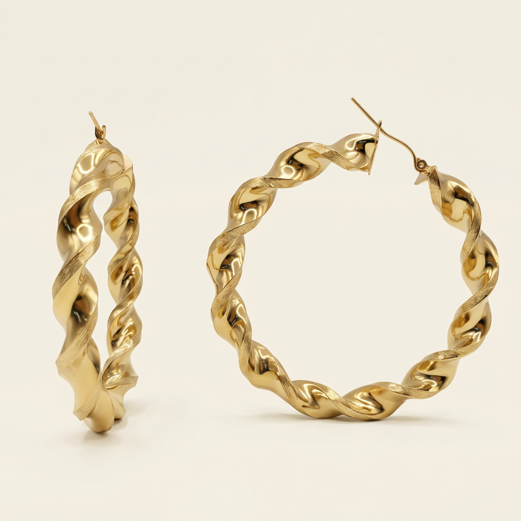 Angled view of 2.5-inch yellow gold twisted hoop earrings
