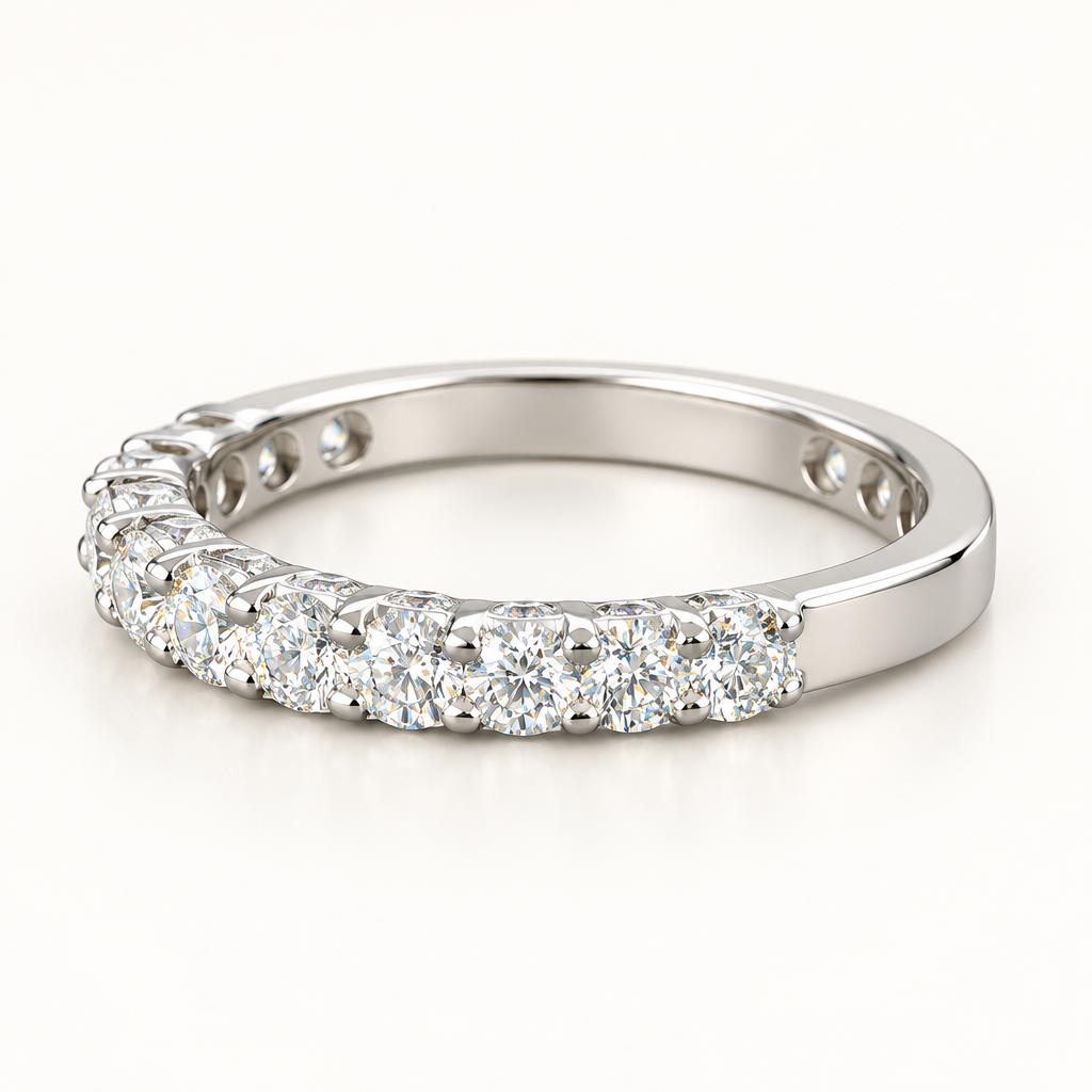14K white gold diamond band, approximately 0.80 tcw, front three-quarter view