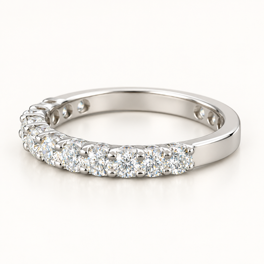 14K white gold diamond band, approximately 0.80 tcw, front three-quarter view