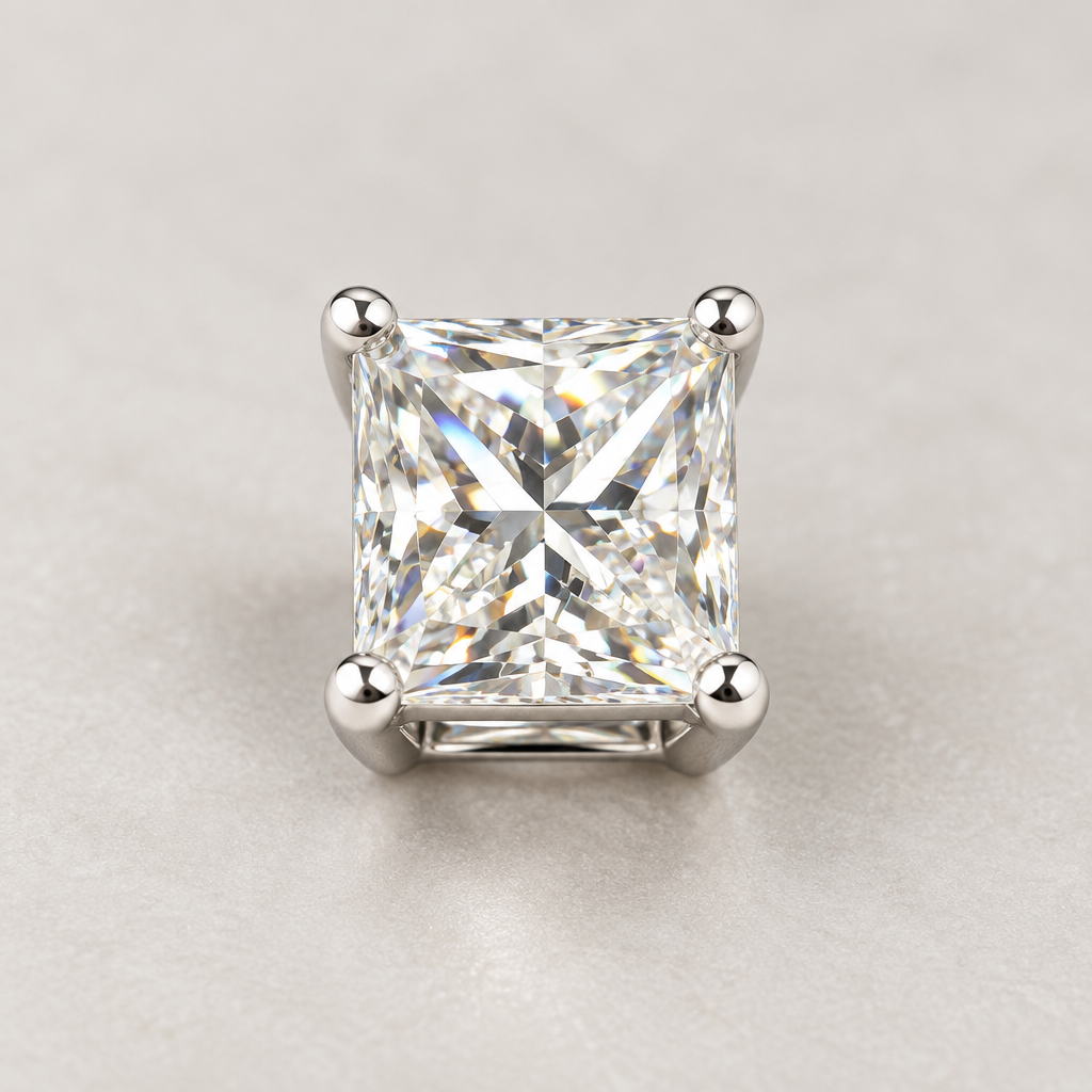 Close-up of a square lab-grown diamond in a four-prong white-gold setting
