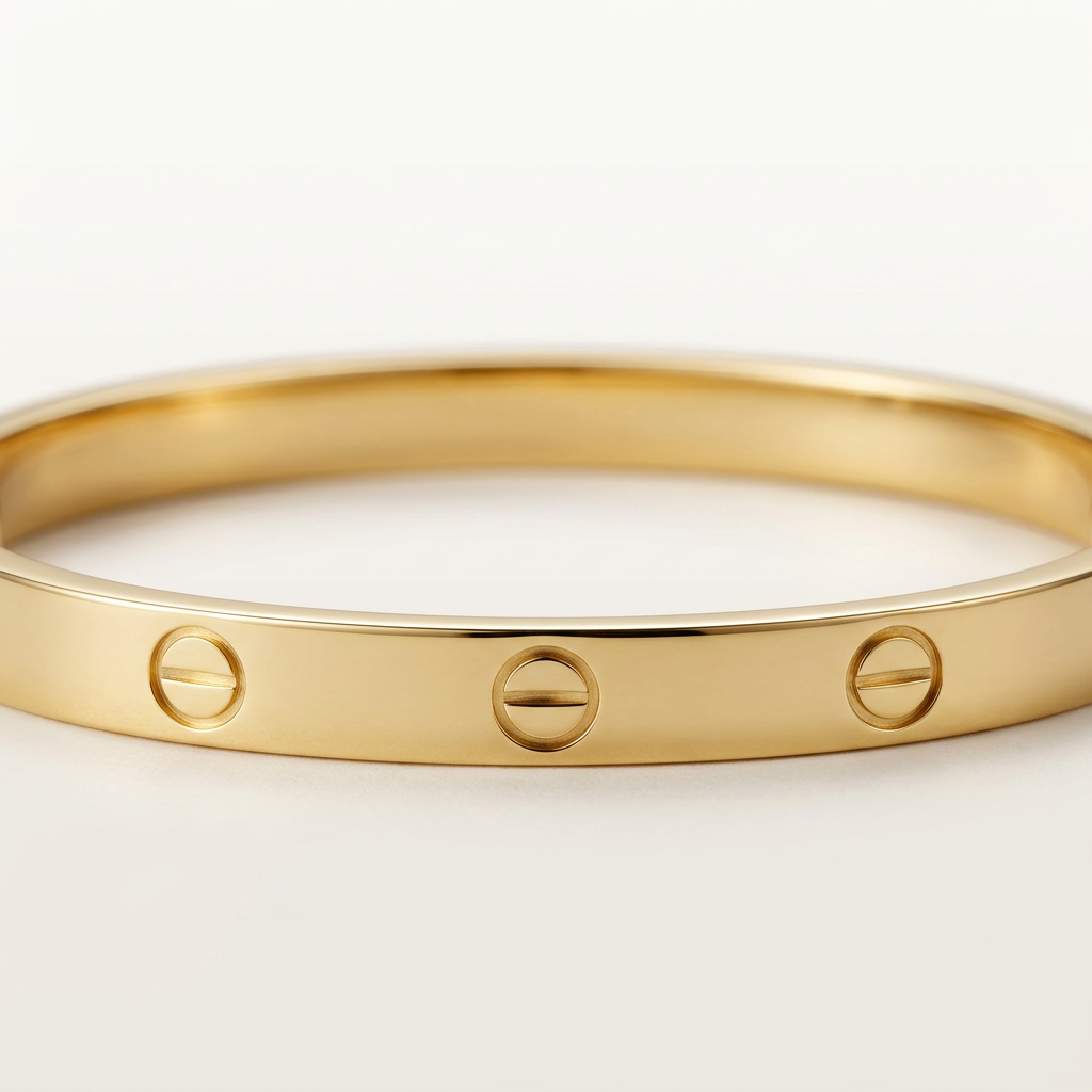 Close-up of screw motifs on polished yellow gold band