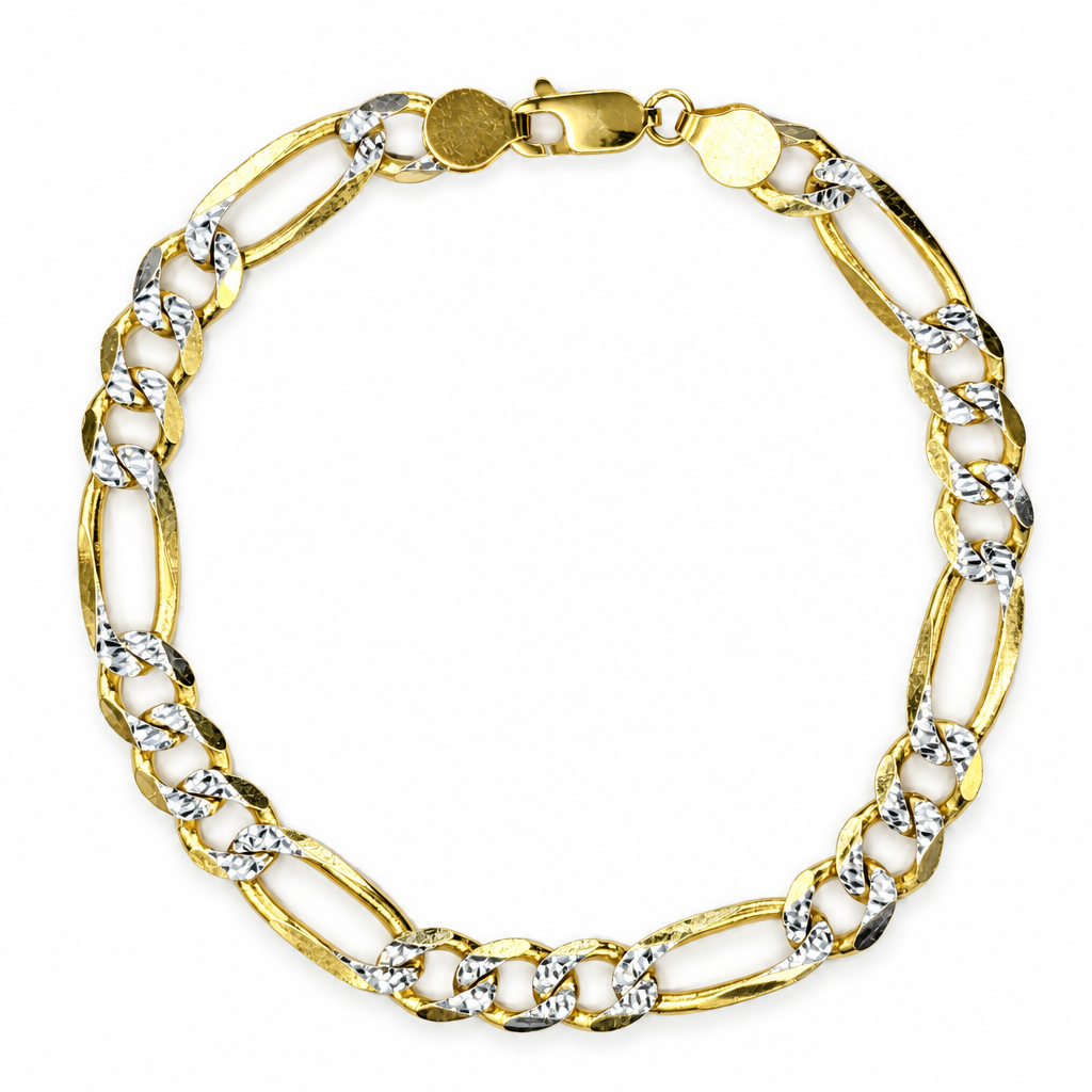 14K yellow gold diamond-cut Figaro bracelet in a full oval view