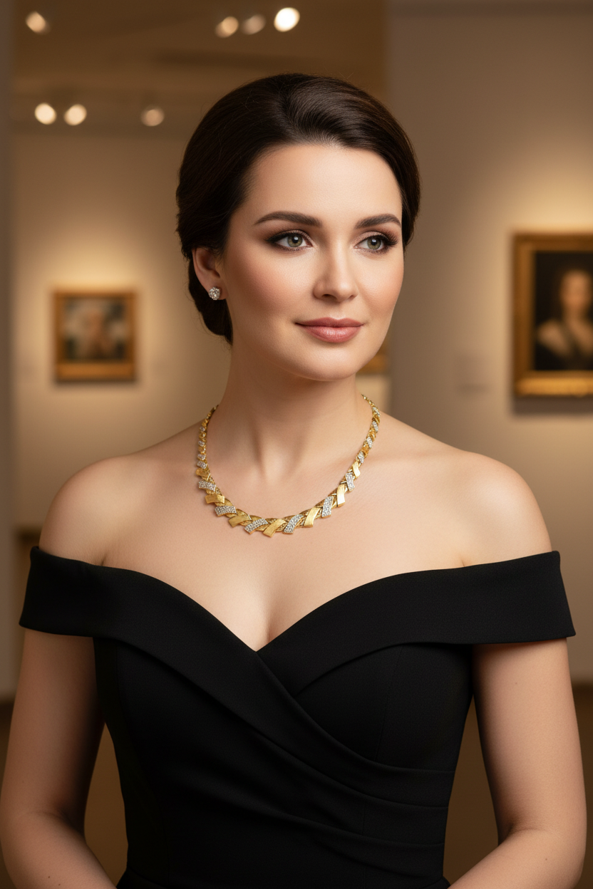 Woman wearing an 18-inch 10K yellow gold crystal leaf necklace at the collarbone