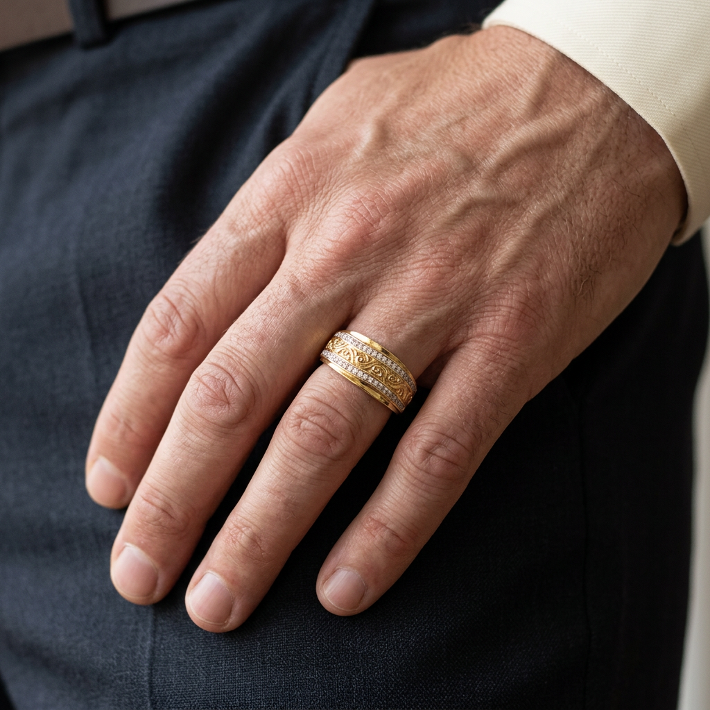 10K yellow gold scrollwork CZ ring worn on an adult hand