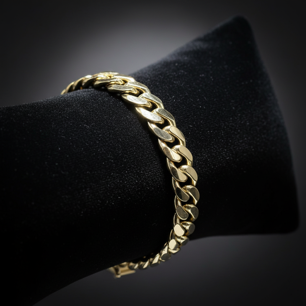 14K Yellow Gold Cuban Link Bracelet on black velvet display stand