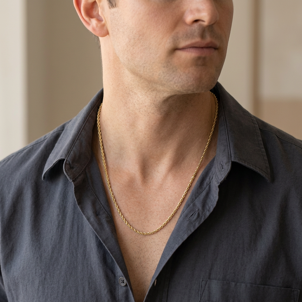G341 24-inch yellow gold rope necklace worn with a dark open-collar shirt
