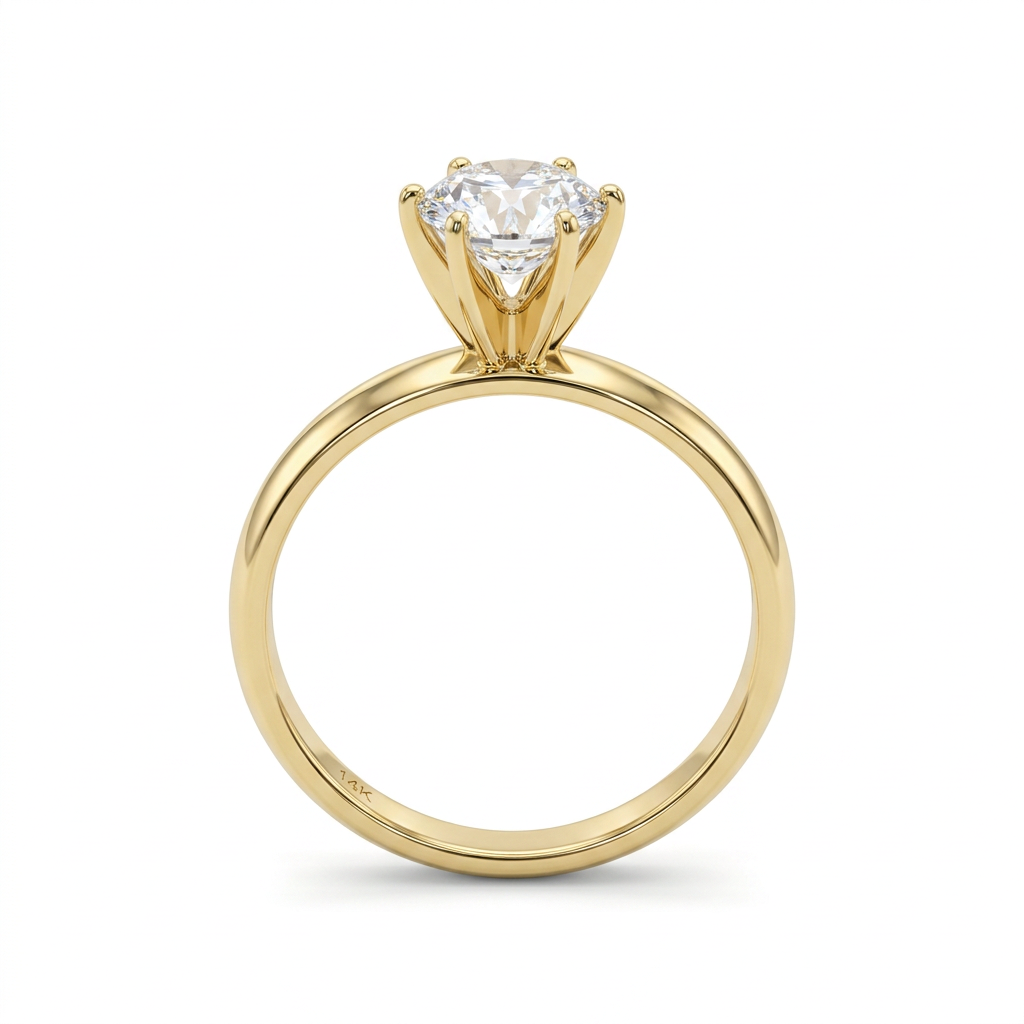 G111 yellow gold CZ solitaire ring showing raised prong setting
