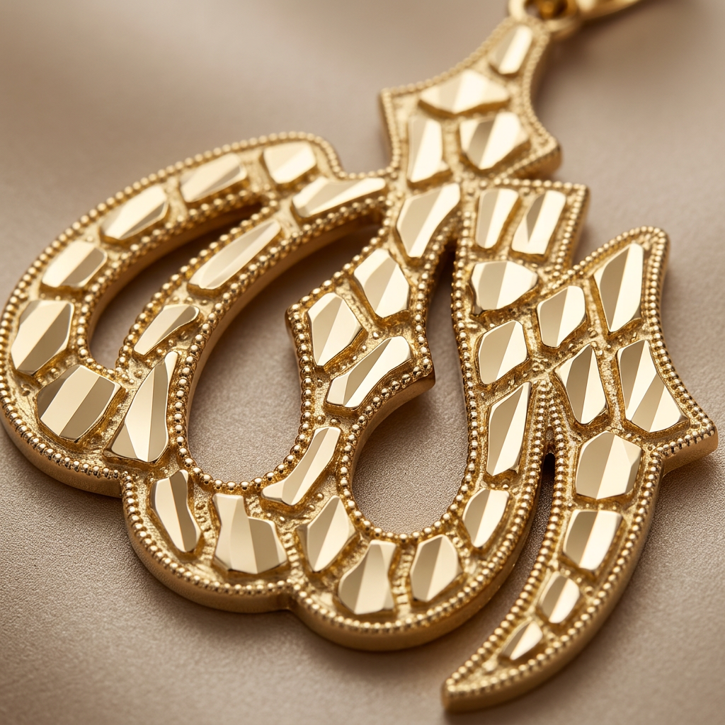 Close-up of faceted gold and beaded borders on Allah pendant