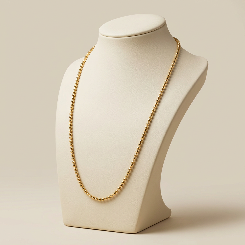 Angled studio view of 20-inch 14K yellow gold ball chain