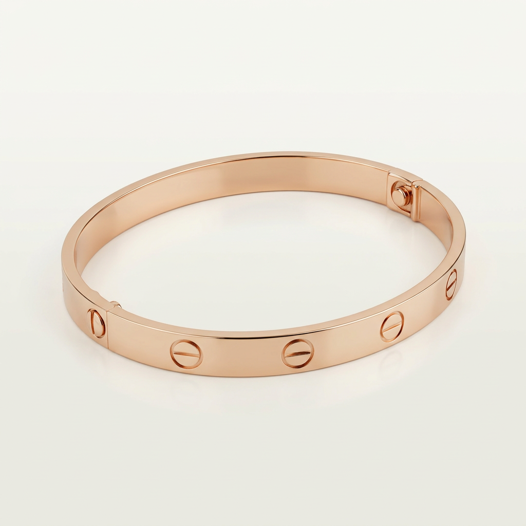 R207 rose gold bangle laid flat showing oval shape and circular motifs