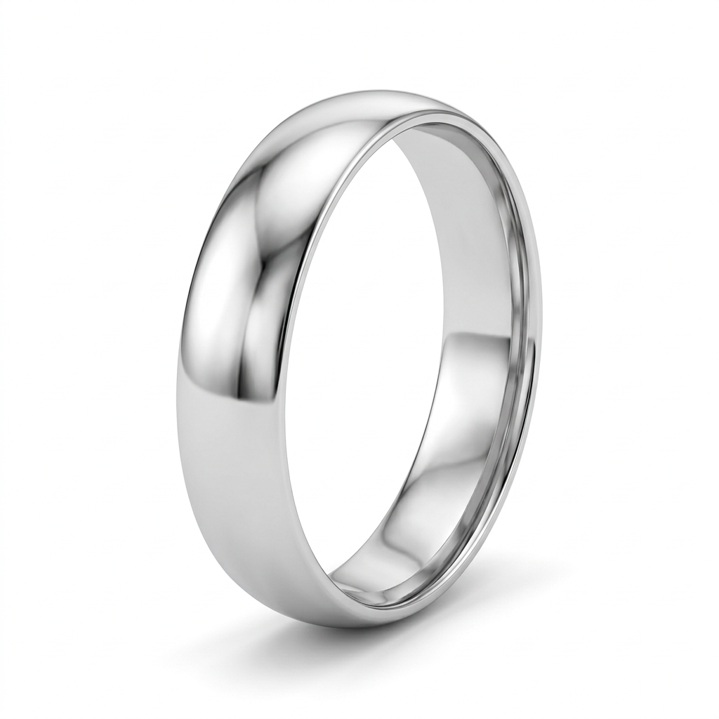 G400 polished white gold wedding band, three-quarter view on white background